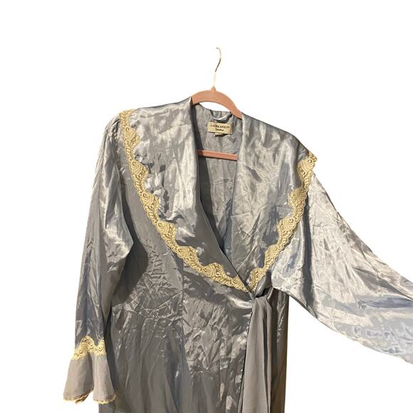 VTG Laura Ashley London 3-Piece Satin Lounge Set Robe Top Pants Blue Lace Large - Picture 15 of 15